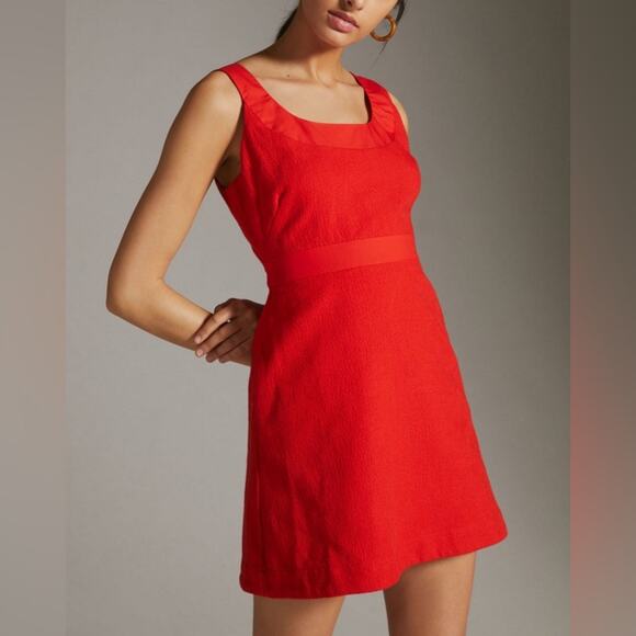 Anthropologie Maeve Scoop Neck Red Textured Pockets Mini Dress Size 6 - Picture 1 of 8
